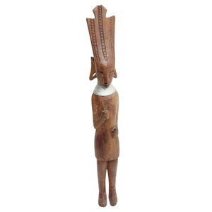 Hand-Carved Wooden African Tribal Woman Statue with Indzila Neck Rings